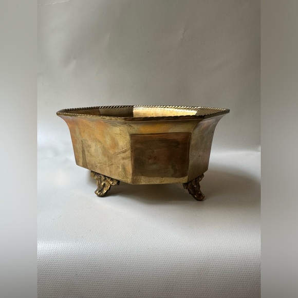 Solid Heavy Brass Octagon Footed Planter Bowl 3.5” Tall, 8” Length, 5.5” Wide - Picture 4 of 7